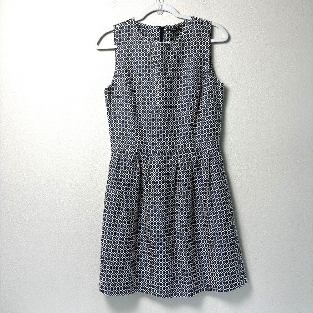 FRNCH Fit & Flare Dress Size L Blue White Geometric Sleeveless Lined Mini